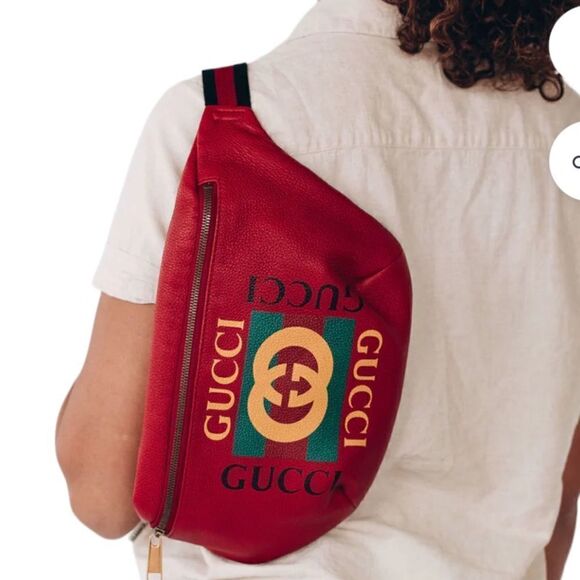 ❤️NWOT Gucci Belt Grained Logo Hibiscus Red Calfskin Cross Body Bag - Picture 8 of 14